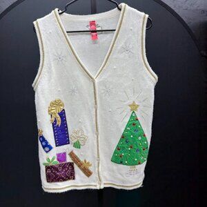 White Gold Trim Christmas Sweater Vest